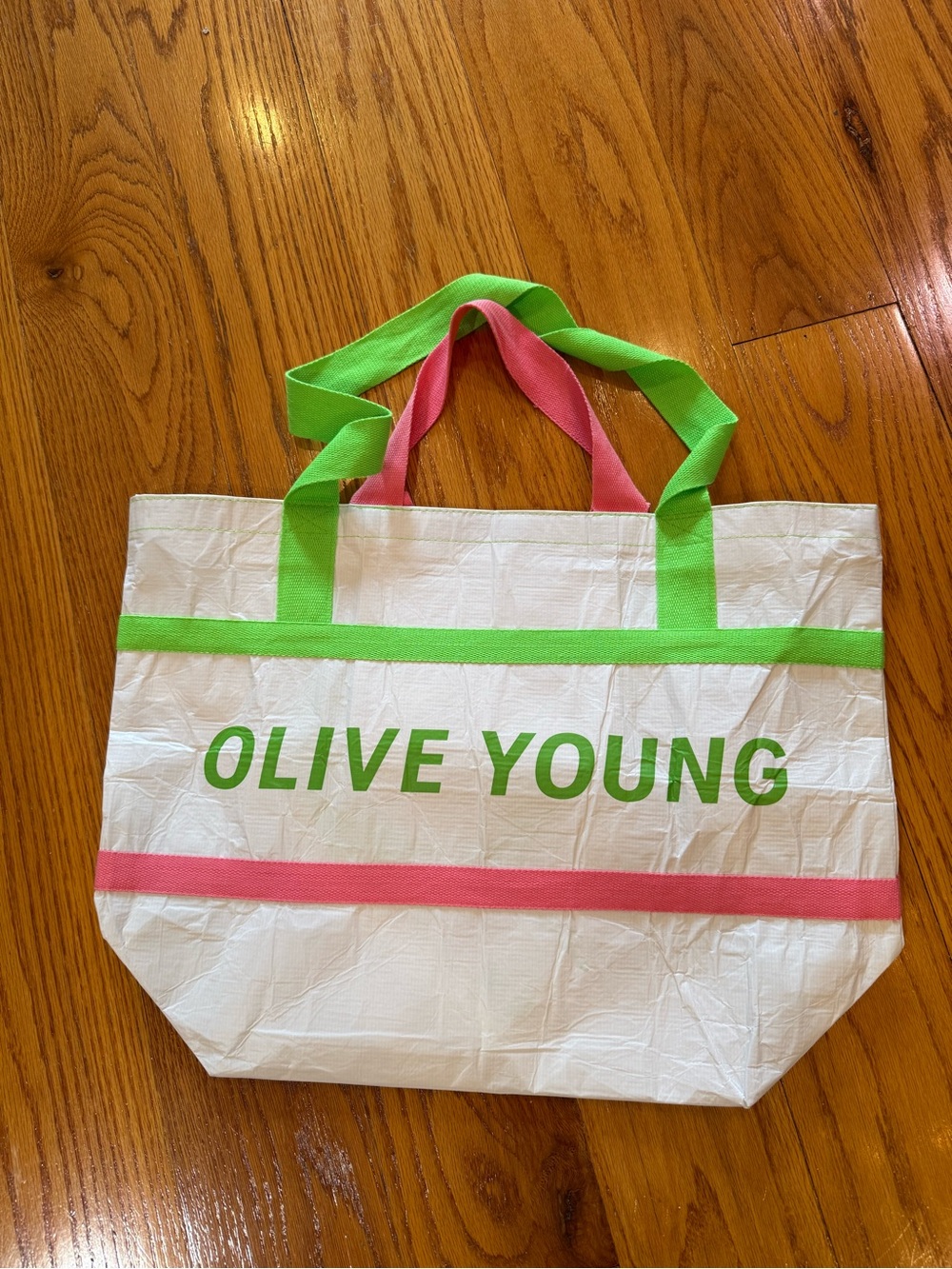 White Tote Bag with Green and Pink Accents